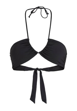 Melnā bikini augšdaļa ar savāktu dizainu, kakla saites un mezgla jostas aizmugurē. Izgatavota no gluda auduma ar minimālu noformējumu.