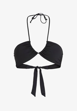 Zwarte bikini-top met een geplooid ontwerp, halternekstrik en een geknoopt rugband. Gemaakt van een gladde stof met minimale details.