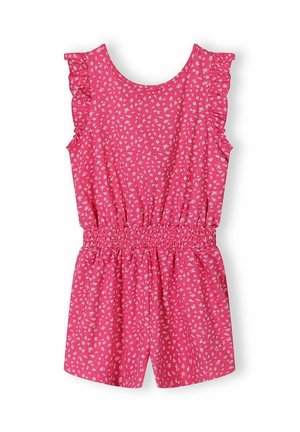 Combinaison rose sans manches avec imprimé floral blanc petit, détails de volants aux épaules et taille élastique.