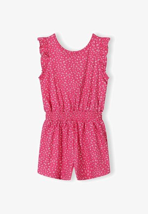 Combinaison rose sans manches avec imprimé floral blanc petit, détails de volants aux épaules et taille élastique.