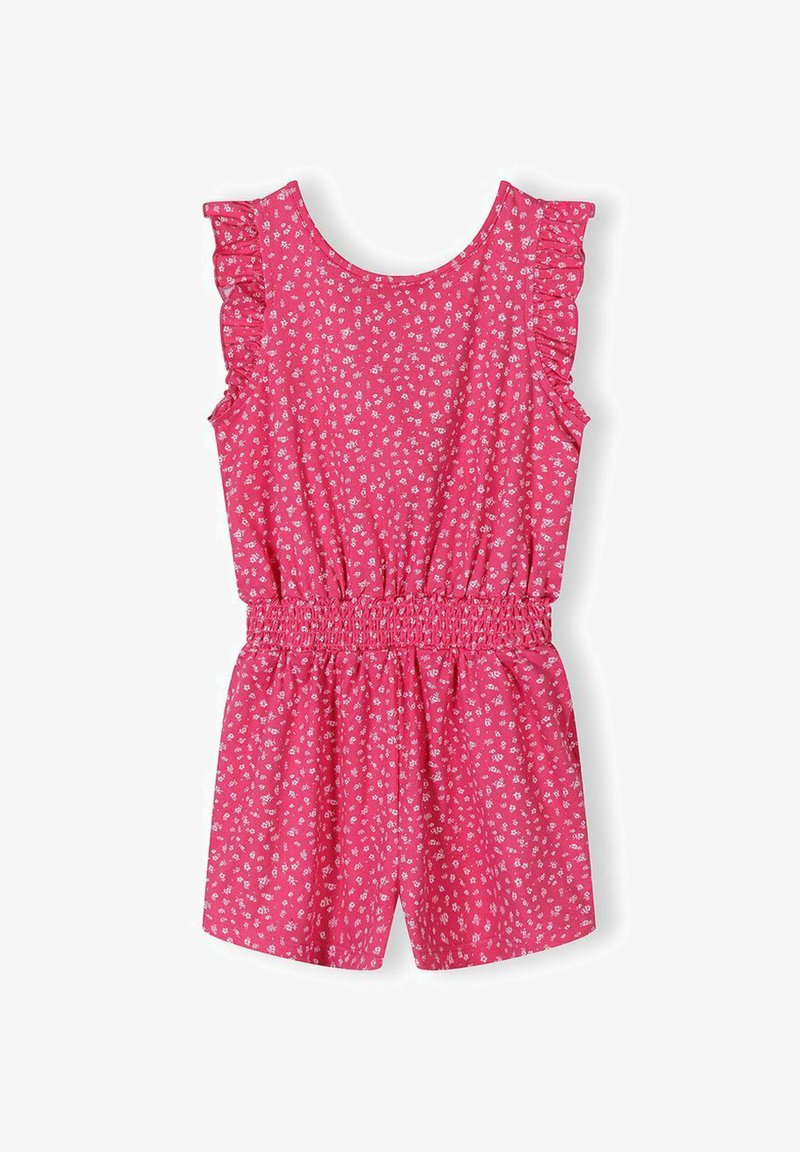 Combinaison rose sans manches avec imprimé floral blanc petit, détails de volants aux épaules et taille élastique.