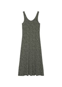 Ärmelloses, dunkelgrünes Kleid mit Rundhalsausschnitt und einem subtilen Blumendesign. Ausgestellte Silhouette mit einer bequemen, weichen Stoffoberfläche.