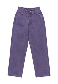 Pantaloni in denim viola con vita alta, gamba larga e una finitura leggermente texture. Presentano tasche frontali e chiusura con bottone.