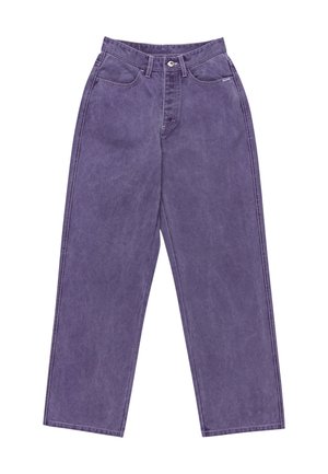 Pantaloni in denim viola con vita alta, gamba larga e una finitura leggermente texture. Presentano tasche frontali e chiusura con bottone.