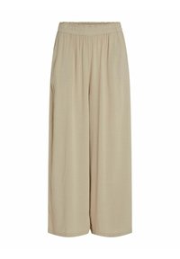 Pantalones de pierna ancha beige con cintura elástica, hechos de una tela ligera, con una textura suave y un diseño sencillo y sin adornos.