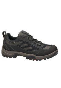 Scarpa da trekking nera con pannelli in rete, suola in gomma, punta rinforzata e accenti grigi. Include lacci e un tassello per indossarla facilmente.