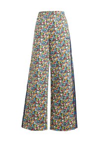 Wide-leg floral pants with a blue background, featuring a colorful pattern of red, yellow, and blue flowers, and an elastic waistband.