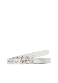 Ceinture en cuir blanc avec des motifs en forme de diamant découpés, une boucle en métal argenté et une texture lisse. Design simple, avec des extrémités effilées.