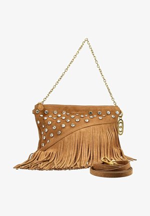 Brun ruskindsfringet håndtaske med guld kædehåndtag, krystalknapper og aftagelig strop med guldlås.