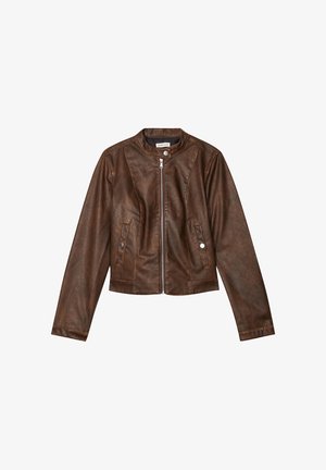 Brun imiteret læderjakke med rund halsudskæring, lynlås foran, to sidelommer og sy-detaljer. Glat tekstur og cropped design.