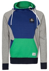 Felpa con cappuccio che presenta una combinazione di colori blu navy, grigio e verde. Include una tasca anteriore, coulisse e un dettaglio con il logo.