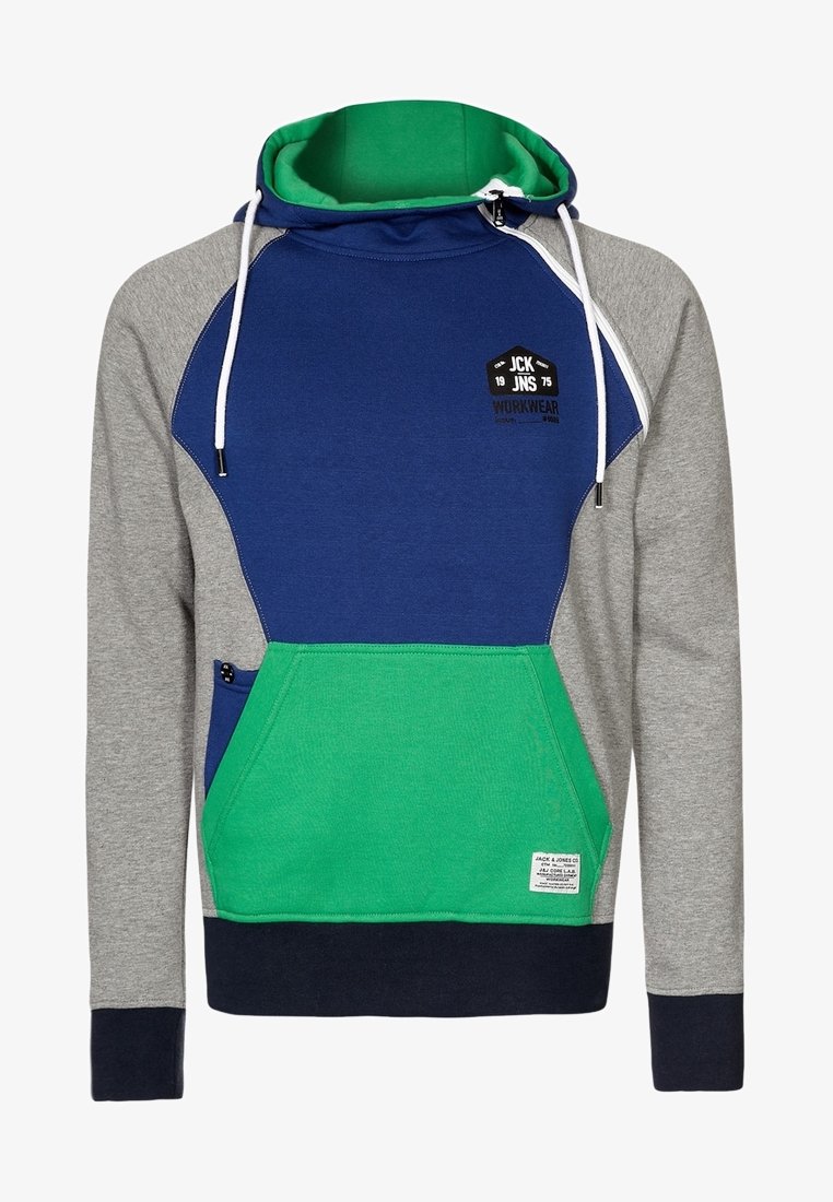 Hoodie i en blandning av marinblå, grå och grön färg. Inkluderar en framficka, snörning och logotypdetalj.