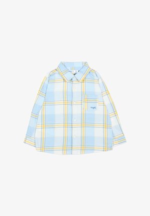 Chemise bébé à manches longues avec motif à carreaux bleu et jaune, boutons à l'avant, col et petite poche poitrine avec texte brodé.