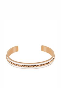 Pulsera de brazalete de oro rosa con un acabado liso y un detalle de cuerda retorcida en el centro. El diseño es abierto en los extremos para un ajuste adaptable.