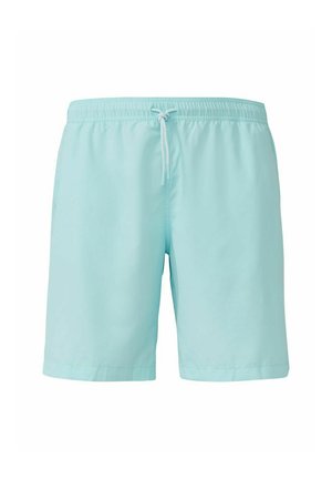 Shorts de bain bleu clair en tissu à séchage rapide, avec une taille élastique et un cordon de serrage, ainsi que des poches latérales. Texture lisse, longueur au genou.