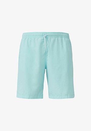 Shorts de bain bleu clair en tissu à séchage rapide, avec une taille élastique et un cordon de serrage, ainsi que des poches latérales. Texture lisse, longueur au genou.
