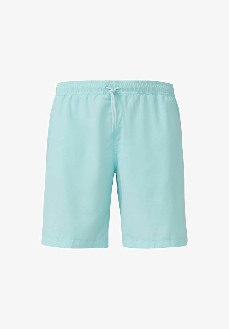 Lichtblauwe zwembroek van sneldrogend materiaal, met een elastische tailleband en een trekkoord, en zijzakken. Gladde textuur, tot op de knie.