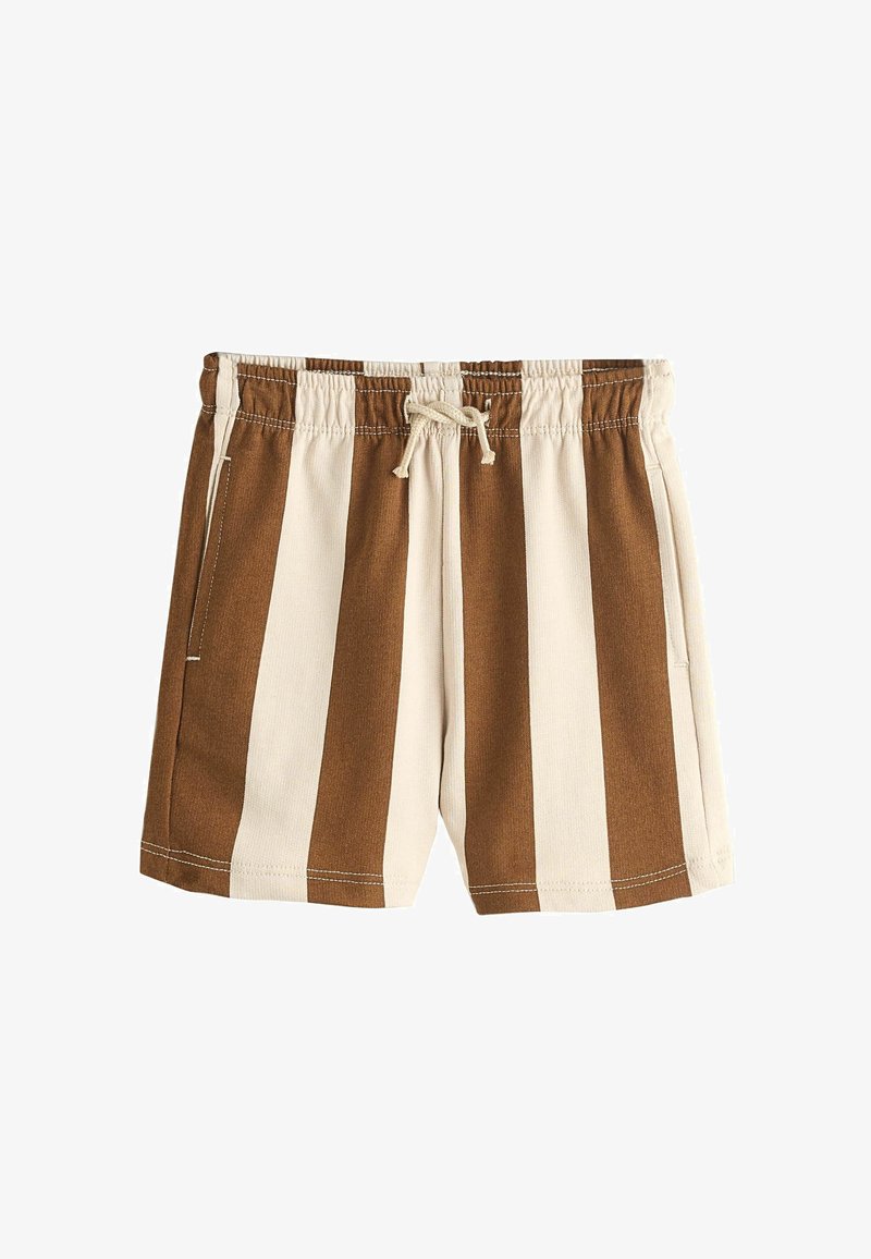 Shorts à rayures verticales marron et beige avec taille élastique et cordon de serrage frontal, dotés de poches latérales et de coutures visibles.