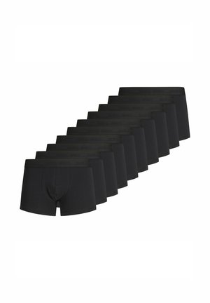 Ti par sorte herreboxershorts arrangeret pænt i en trappetrinsrækkefølge mod en hvid baggrund.