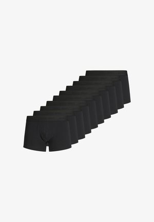 Tien paar zwarte herenboxers strak gerangschikt in een verspringende rij tegen een witte achtergrond.