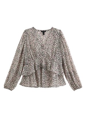 Kwiatowa bluzka z długimi rękawami, dekoltem w serek i fasonem peplum. Posiada czarne tło z małymi różowymi i białymi wzorami kwiatowymi.