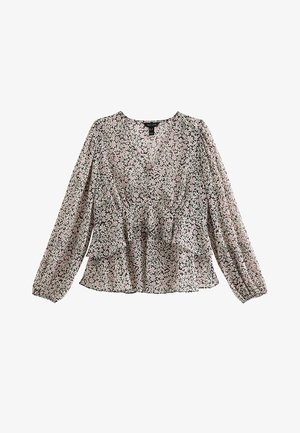 Kwiatowa bluzka z długimi rękawami, dekoltem w serek i fasonem peplum. Posiada czarne tło z małymi różowymi i białymi wzorami kwiatowymi.