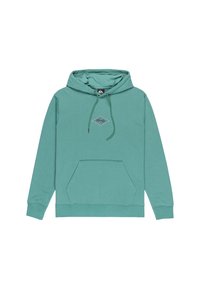 Mint green hoodie made of soft fabric. Features a front pocket, adjustable drawstring hood, and a diamond logo on the chest.