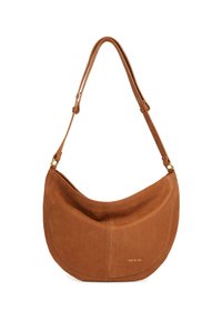 Brown leather shoulder bag with a curved design, adjustable strap, and subtle gold branding. Smooth texture with stitching detail.