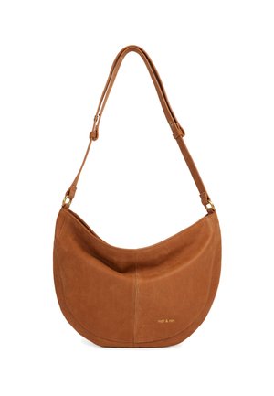 Brown leather shoulder bag with a curved design, adjustable strap, and subtle gold branding. Smooth texture with stitching detail.