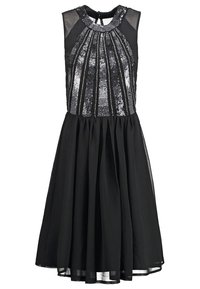 Musta mekko, jossa on istuva paljetti päällinen, hihaton muotoilu ja leveä helma. Ominaisuuksiin kuuluu pyöreä pääntie ja laskostus yksityiskohtia.