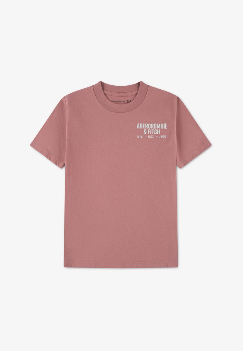 Lühikeste varrukatega roosakat tooni puuvillane T-särk. Ees valge print "ABERCROMBIE & FITCH NYC EST. 1892". Klassikalise ümar kaelusega.