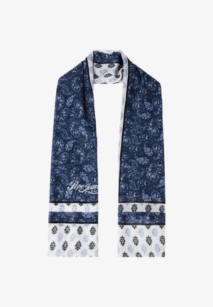 Navy blue scarf featuring floral and paisley patterns in light blue and white. Edges have a black leaf design with contrasting white and navy bands.