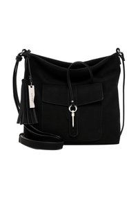 Schwarze Handtasche aus strukturiertem Stoff mit einer flachen Vordertasche. Verfügt über eine Quaste, Metallakzente in Form von Schlüsselanhängern und einem abnehmbaren Riemen.