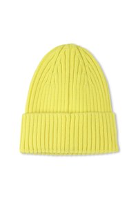 Bonnet tricoté jaune avec une texture côtelée et un revers replié, présentant des motifs de tricot verticaux partout.