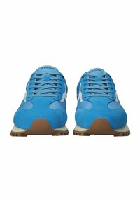 Blue suede sneakers with white accents, rounded toe, and textured rubber sole. Laces in matching blue, branded with "BLACKSTONE" on the tongue.