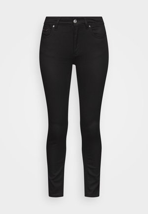 Pantalon noir slim-fit avec cinq poches et fermeture par bouton, présenté de face sur un fond clair uni.
