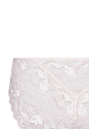 Slip in pizzo rosa chiaro con motivo floreale, tessuto semi-trasparente e bordi delicati. Fascia elastica morbida per una vestibilità confortevole.