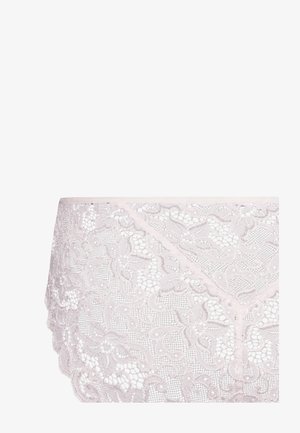 Lichtroze kanten slipje met bloemenpatroon, semi-transparante textuur en delicate randen. Zachte elastische tailleband voor een comfortabele pasvorm.