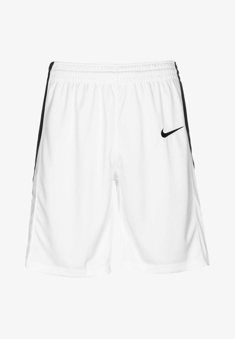 Shorts de sport blancs avec des rayures noires sur les côtés, une taille élastique et un petit logo Nike noir en bas à droite.