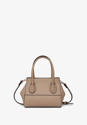 Borsa a mano in pelle beige con doppi manici superiori, tracolla staccabile e cuciture nere, mostrata su uno sfondo bianco.