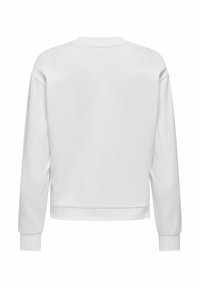 Sudadera larga blanca y de manga larga vista desde la parte posterior, con puños acanalados, dobladillo y cuello redondo, sobre un fondo blanco.