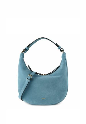 Blauwe suède schoudertas met verstelbare riem en goudkleurige gesp, klein gouden merklogo middenvoor.