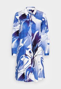 Šaty košilového střihu s dlouhým rukávem, modrou, bílou a fialovou abstraktní květinovou potiskem, knoflíkovým zapínáním, límečkem a kapsou na prsou.