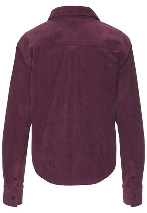 Long-sleeve purple corduroy shirt with collar, buttoned cuffs, and back seam detail, shown from the back.