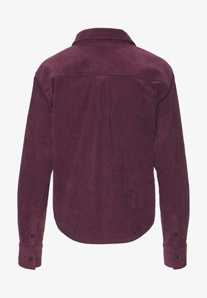 Long-sleeve purple corduroy shirt with collar, buttoned cuffs, and back seam detail, shown from the back.