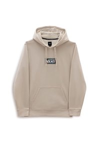 Beige hoodie met een voorzak, verstelbare trekkoorden en een rechthoekig Vans-logo in zwart en teal. Gladde textuur.