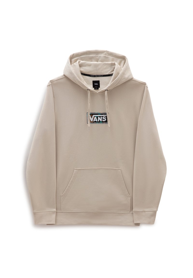 Beige hoodie met een voorzak, verstelbare trekkoorden en een rechthoekig Vans-logo in zwart en teal. Gladde textuur.