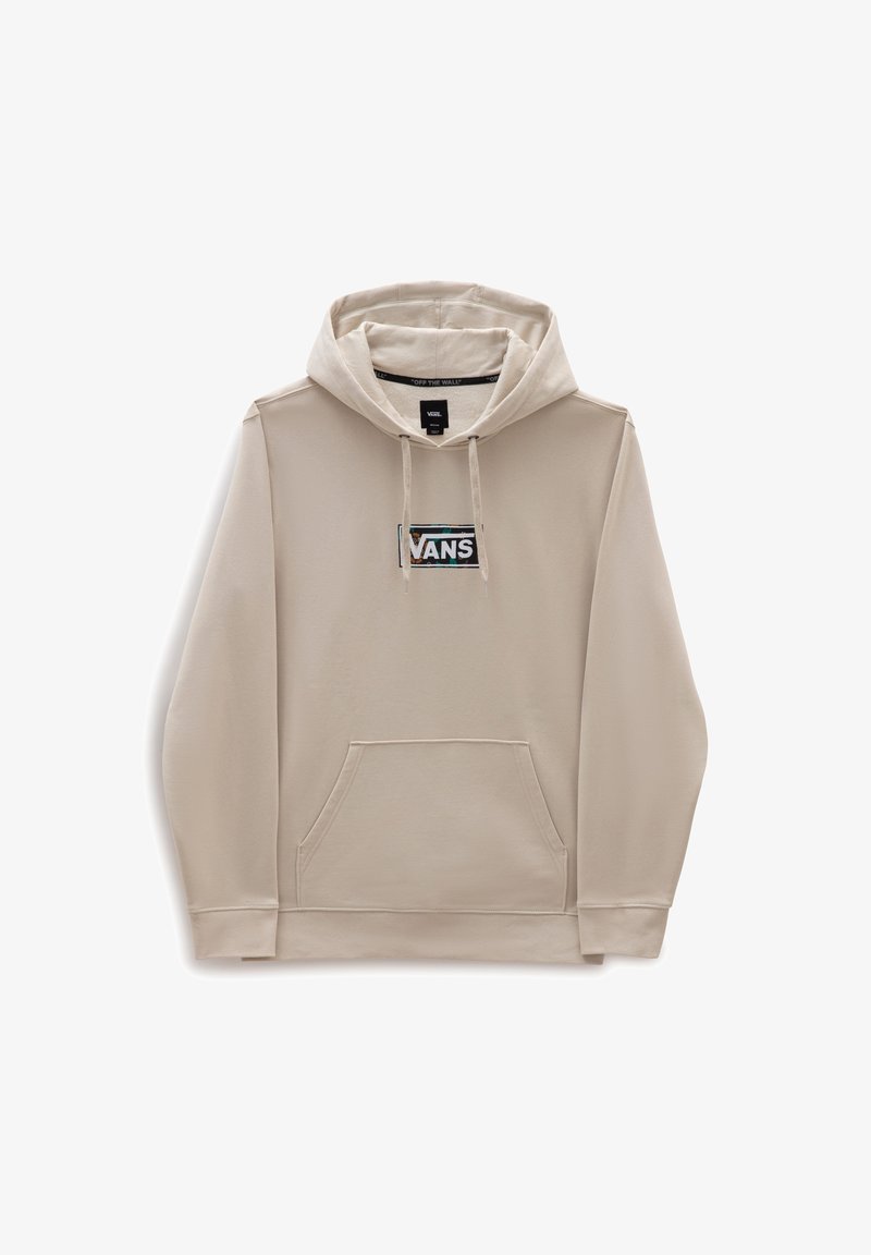 Beige hoodie met een voorzak, verstelbare trekkoorden en een rechthoekig Vans-logo in zwart en teal. Gladde textuur.