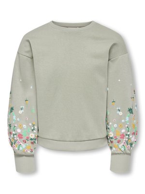 Lysegrå langærmet sweatshirt med ribkanter ved ærmer og kant, med farverig blomstret broderi på begge ærmer.