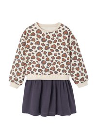 Langärmliges Kleinkindkleid mit Oberteil in beigem Leopardenherzprint und rock in einfarbig dunkellila mit gerafftem Saum.